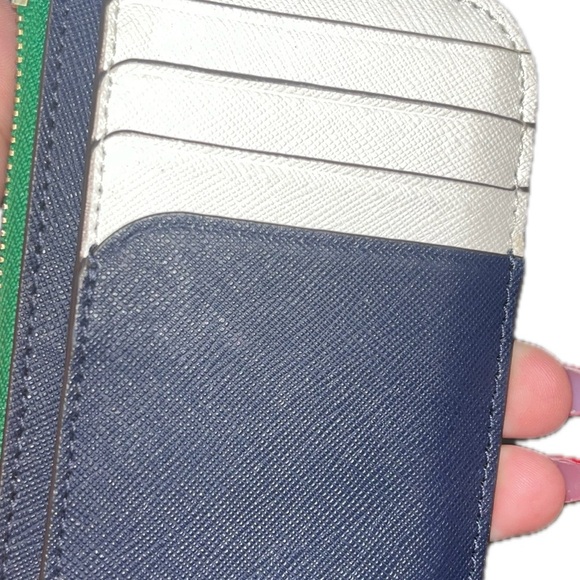 Navy, Green & White Kate Spade Leather Card Holder, Gold Zipper & Silver Accents - Picture 4 of 16